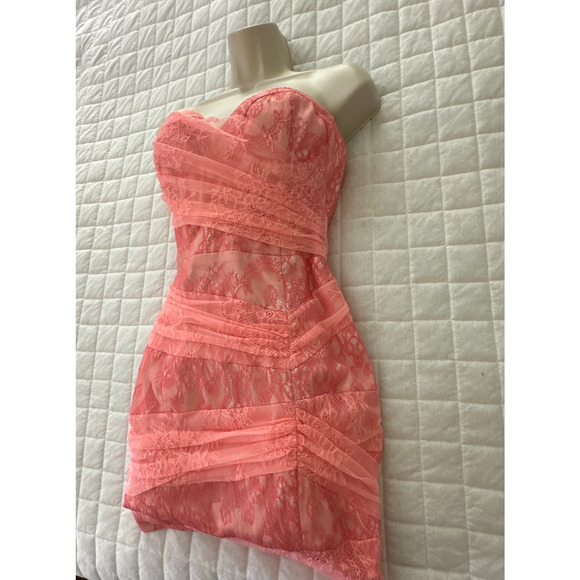 BEBE Womens Dress Small Coral Pink Lace Mini Sheath Retro Y2K Coquette Party - Picture 3 of 10